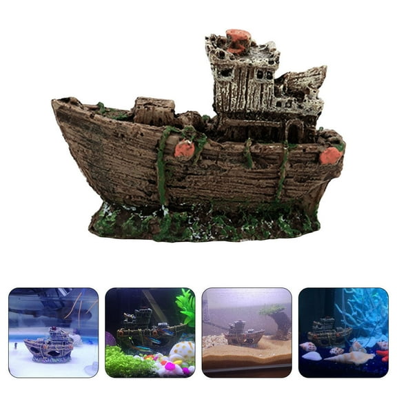 LEORX Resin Shipwreck Prop Aquarium Ornament Brown 1Set 2.95X0.98X1.97In