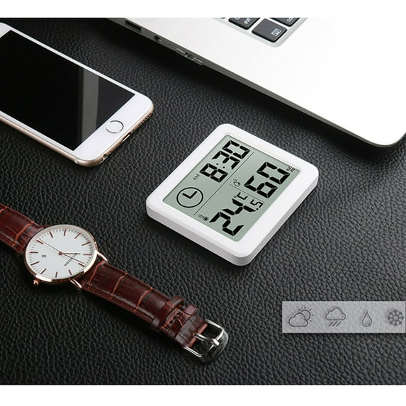 LEORX 1Pcs White Abs Ultra Thin Thermometer Hygrometer with Clock for Home Users and Indoor Use in Office