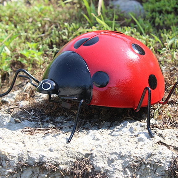 LEORX 1pc Simulated Ladybug Ornament Red Metal Beetle Statue Outdoor Lawn Patio Garden Insect Decor