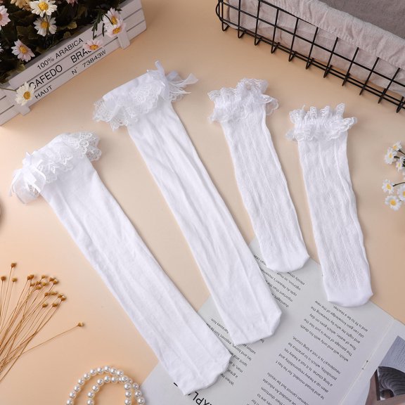 LEORX 2 Pairs Frilly Socks For Women Long Lace Socks With Bows Ruffle Socks For Girls High Socks With Bow Cute White Stockings For Women