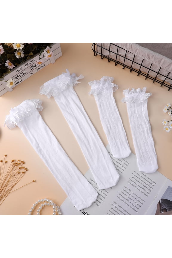 2 Pairs Frilly Socks For Women Long Lace Socks With Bows Ruffle Socks For Girls High Socks With Bow Cute White Stockings For Women