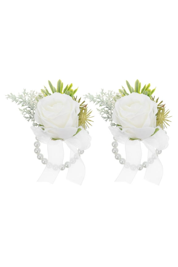 2Pack Wrist Corsage Bracelets for Wedding Wear-resistant Floral White Silk Flower Decor for Brides