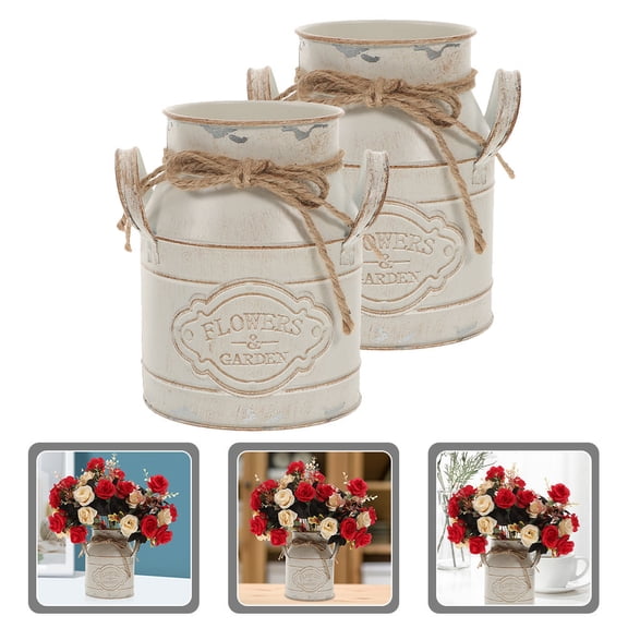 LEORX 2Pcs Metal Bucket Vase Iron Flower Holder Light Yellow Living Room Decoration