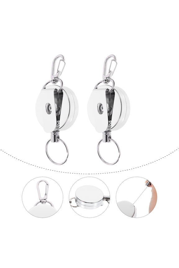 2Pcs Retractable Keychains with Steel Cable Metal Key Holder Practical Design Silver for Employees