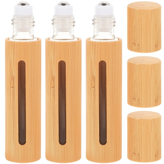 LEORX Roller Bottles Light Yellow Bamboo Glass Stainless Steel Leak-Proof for Travel 3Pcs