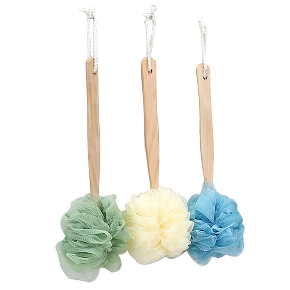 LEORX 3pcs Soft Nylon Bath Brushes with Wooden Long Handle for Easy Grip and Comfortable Shower Experience