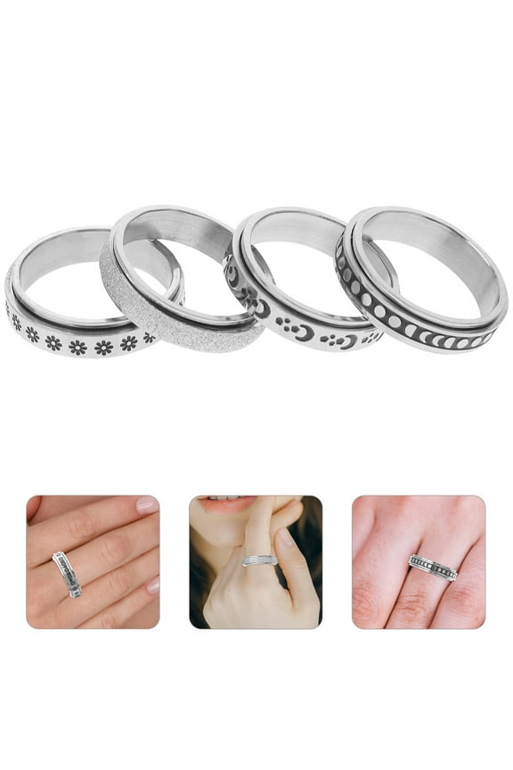 4Pcs Sun Moon Star Fidget Ring Fidget Rings Silver Titanium Steel No Burrs for Birthday