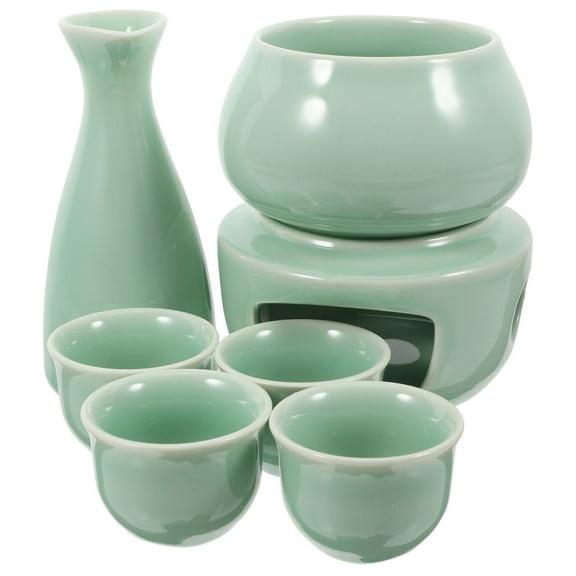 LEORX Ceramic Sake Set with Warmer and Tokkuri Bottle in Light Green for Home Use Smooth Surface Easy to Clean Vintage Style