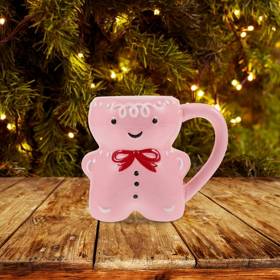 LEORX Cute Pink Gingerbread Man Ceramic Mug For Coffee And Tea, Holiday For Family And Friends