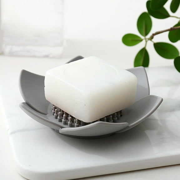 LEORX Premium Silicone Soap Case with Soap Drainer Raised Bumps Flower Shape Grey for Bathroom