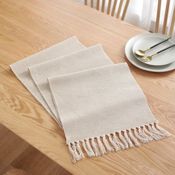 LEORX Nordic Style Beige Cotton Tassel Table Runner for Home and Restaurant Use