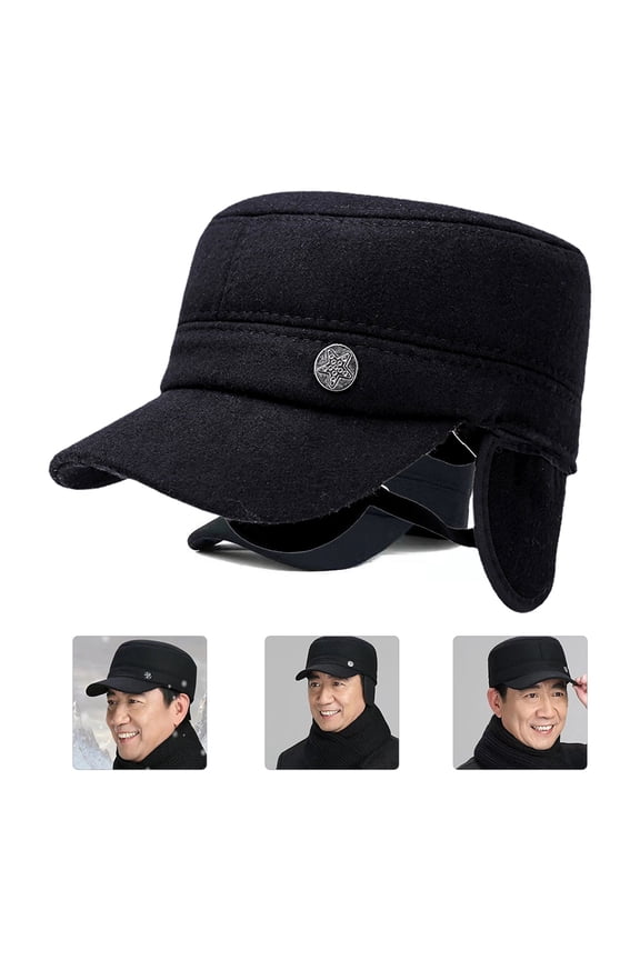 Mens Winter Hat Black Fluff Cotton Cap Windproof Outdoor Warm Protective Winter Headgear