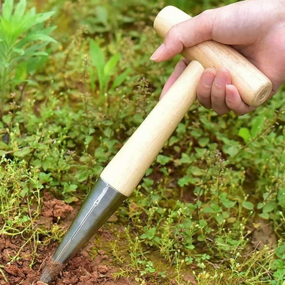 LEORX Beige Stainless Steel Garden Dibbler with Wooden Handle for Planting Bulbs