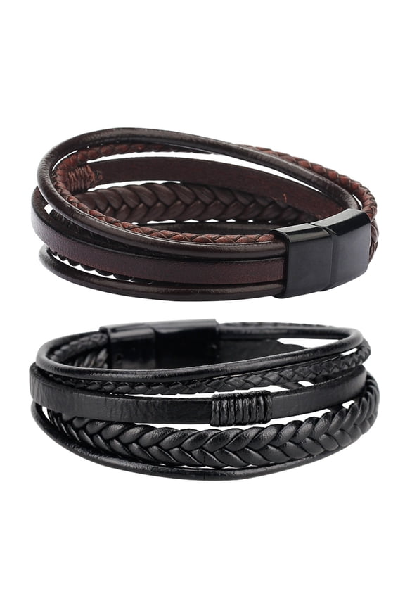 Men Wristband 2Pcs Braided Pu Alloy Magnetic Buckle Ethnic Style Bangle