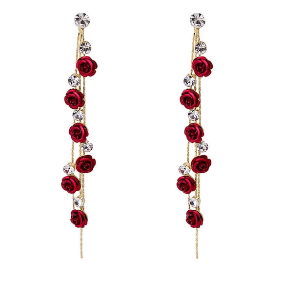 LEORX Rhinestone Dangle Earrings for Women with Rose Design in Red Alloy and Silver Tone Lightweight Comfortable
