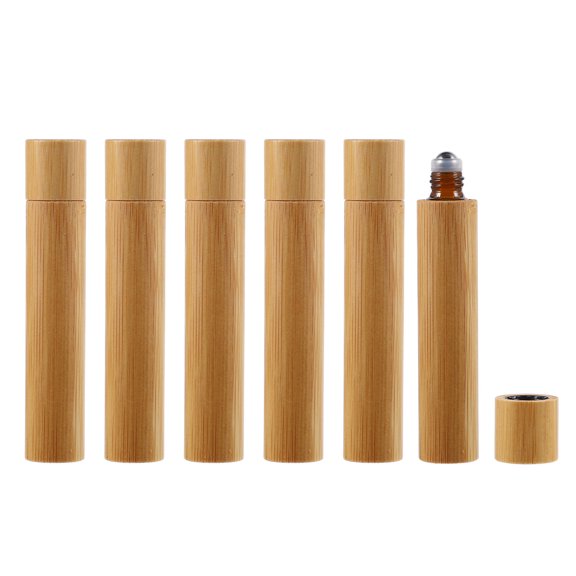 LEORX Bamboo Roller Ball Bottles Light Brown Glass Travel Aromatherapy Storage 6Pcs