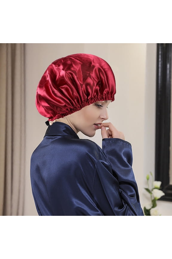 Double Layer Satin Bonnet Dark Red for Night Hair Care and Style Maintenance