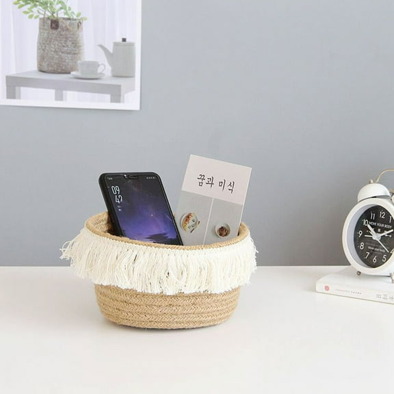 LEORX Khaki Knitting Desktop Basket Made of Premium Jute and Cotton for Home Storage