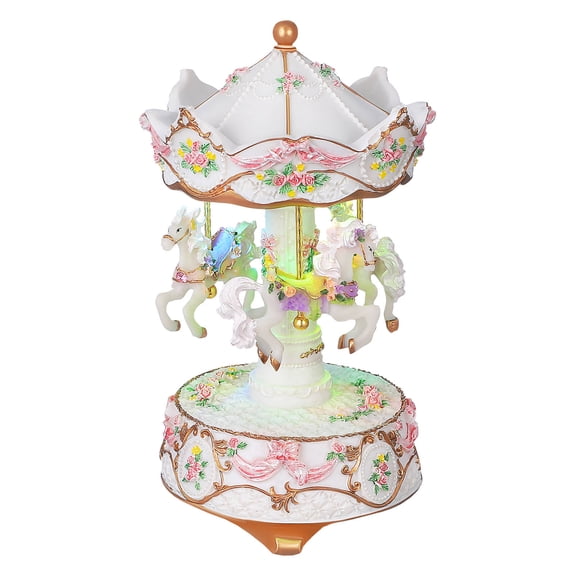 LEORX White Desktop Carousel Music Box with Delicate Carved Horses and Gentle Melody for Unique Home Ornament