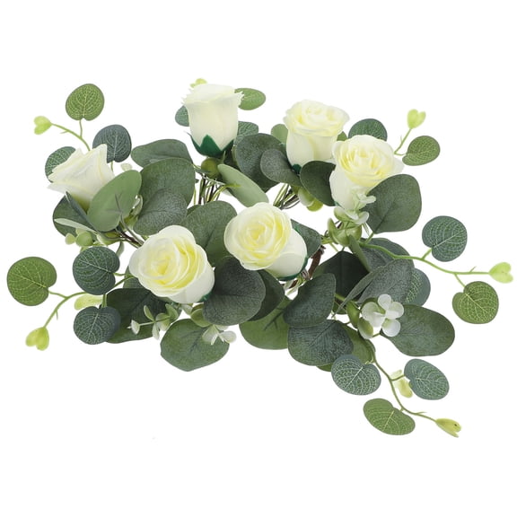 LEORX White Silk Rose Candle Ring for Decor and Vivid Artificial Flower Wreath 6.5 Inches