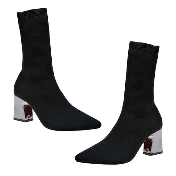 LEORX Women Sock Boots Ankle Booties High Heel Black Elastic Fabric Cotton Comfortable Leisure Entertainment 1 Pair