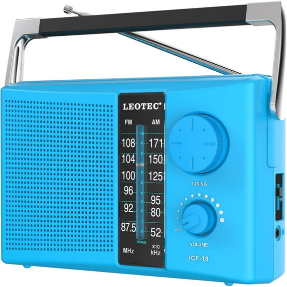 LEOTEC AM/FM Radio with Best Reception, AC or Battery Operated Portable Radio with Big Speaker, Large Tuning Knob, Clear Dial, Earphone Jack for Gift, Elder, Home (Blue)