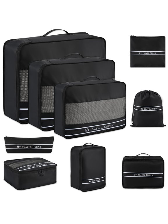 9Pcs Packing Cubes,Nylon Luggage Packing Organizers for Travel Accessories Space Saving Travel Bags for Carry On, Lightweight Laundry and Shoe Bag