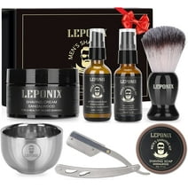 LEPONIX Shaving Kit for Men, Include Straight Razor, Sandalwood Shaving Cream, Mens aftershave Balm, Pre Shave Oil, Shaving Brush and Bowl, Shaving Soap Shaving Gifts Set for Men (Black)