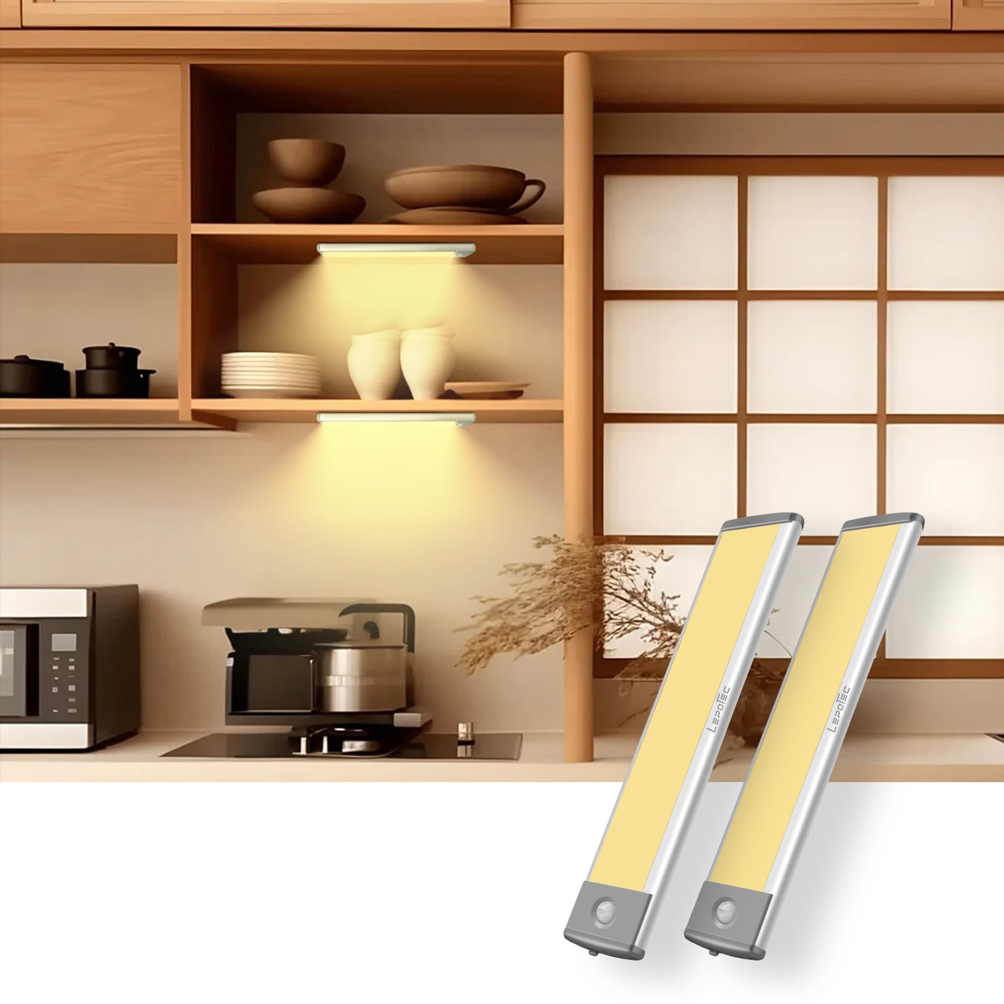 8-Inch Warm White LED Motion Sensor Under Cabinet Light Set