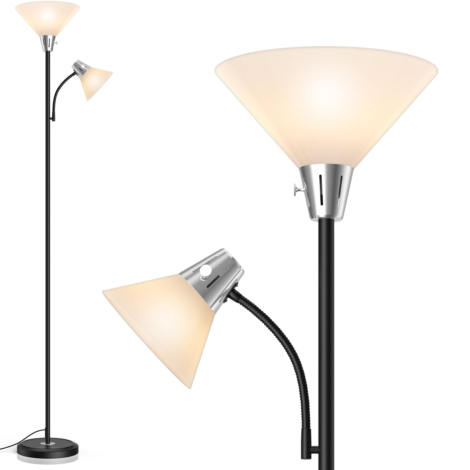 LEPOWER 2 Head LED Floor Lamp with Adjustable Reading Light 3000K Warm White Modern Standing Lamp for Living Room Bedroom Office Black