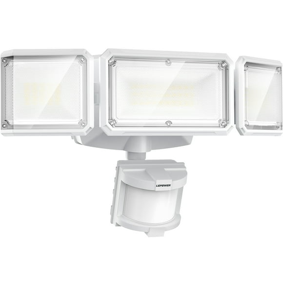 LEPOWER Battery Powered LED Flood Light Outdoor,1500 LM, 5000 K, IP65 Waterproof, Wireless Flood Light Battery Operated, 3 Head Motion Detector Light for Garage, Yard, Porch, White