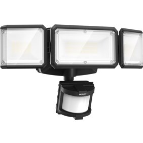 LEPOWER Battery Powered LED Flood Light Outdoor,1500 LM, 5000 K, IP65 Waterproof, Wireless Flood Light Battery Operated, 3 Head Motion Detector Light for Garage, Yard, Porch, Black