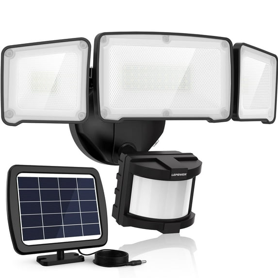 Lepower Black LED Solar Security Light with Motion Sensor, 1600LM, 3 Adjustable Heads for Yard