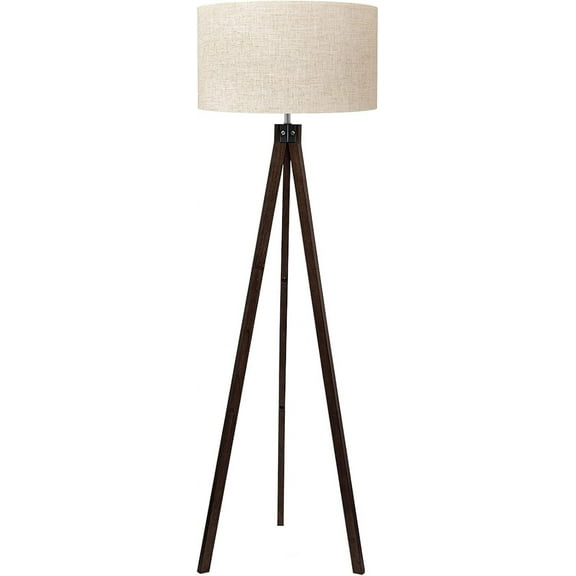 LEPOWER Wood Tripod Floor Lamp, Mid Century Standing Lamp, Modern Design Floor Light for Living Room, Bedroom and Office, Flaxen Lamp Shade with E26 Lamp Base Walnut