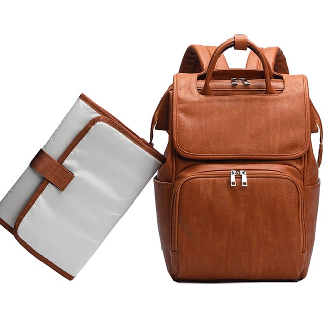 LEQUEEN Brown PU Leather Baby Diaper Bag Backpack Maternity Nappy Bag