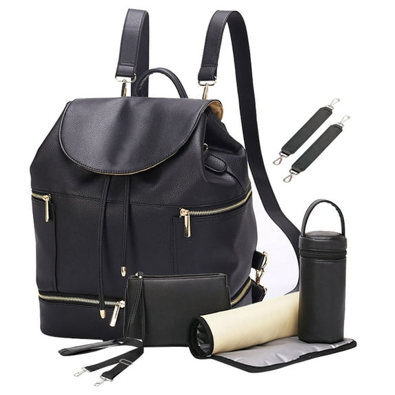 LEQUEEN Large PU Leather Baby Diaper Bag with Nappy Changing Pad Mummy Backpack Back to School Schoolbag,Black