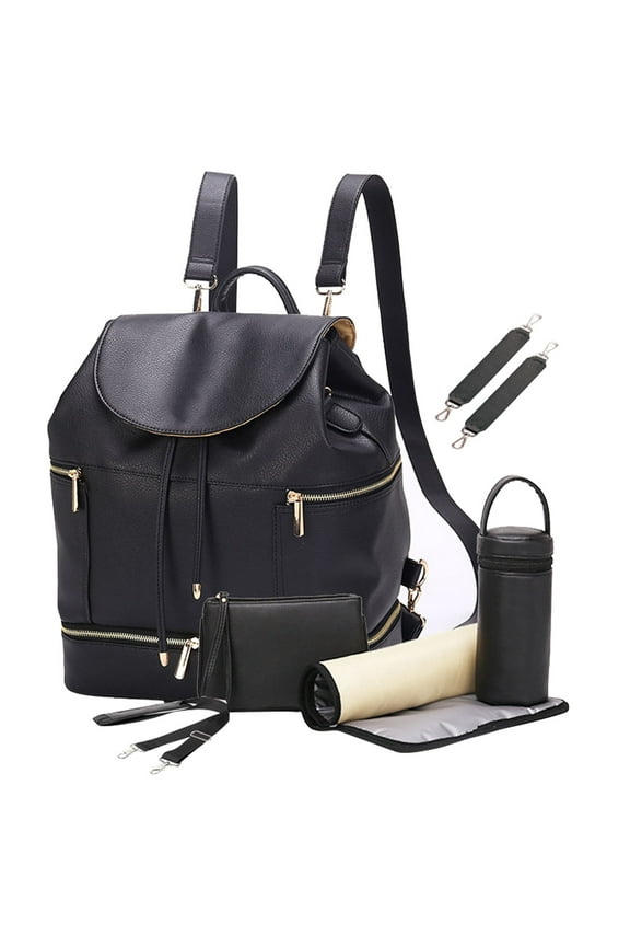 LEQUEEN Large PU Leather Baby Diaper Bag with Nappy Changing Pad Mummy Backpack Back to School Schoolbag,Black
