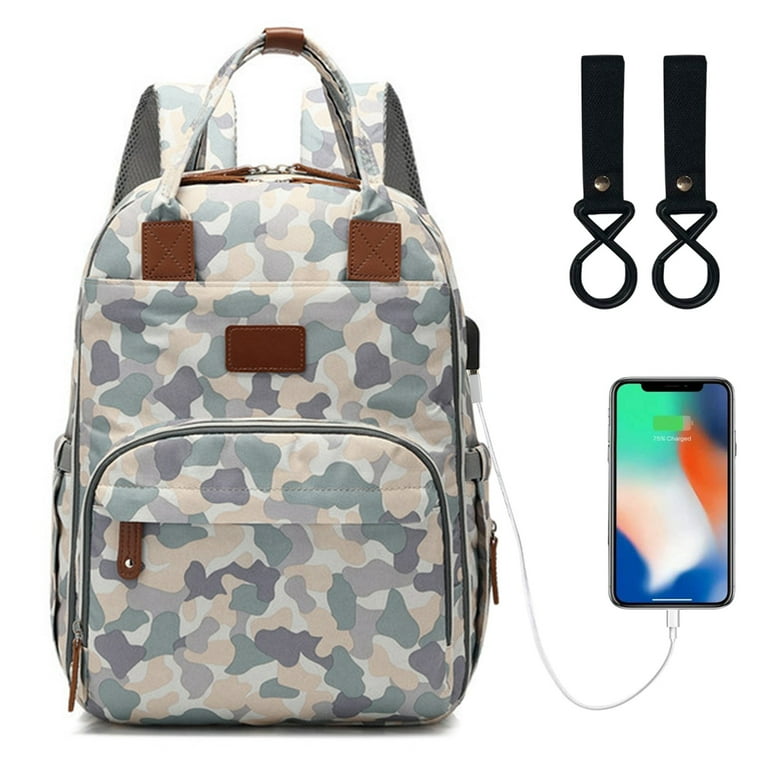 LEQUEEN USB Charging Port Mummy Baby Diaper Bag Backpack with Bottle Warmer Baby Nappy Changing Bag Maternity Travel Waterproof Backpack White Gray