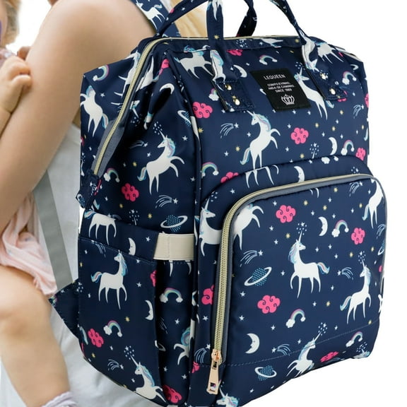 LEQUEEN Unicorn Mommy Baby Diaper Bag Backpack for Boy & Girl, Insulated Pocket Changing Nappy, Navy