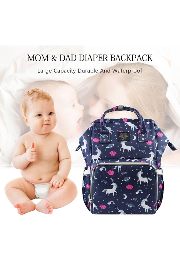 LEQUEEN Unicorn Mommy Baby Diaper Bag Backpack for Boy & Girl, Insulated Pocket Changing Nappy, Navy
