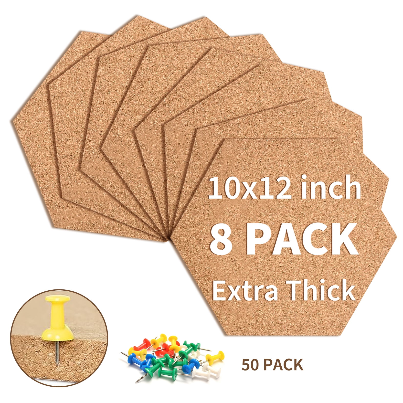 LERENSHA 8 Pack Cork Board Tiles 12 x 12 x 0.5 Inch, Self Adhesive Cork Boards Hexagon, Bulletin Board Wall Tiles with Push Pins for Office, Home, DIY Wall Decor