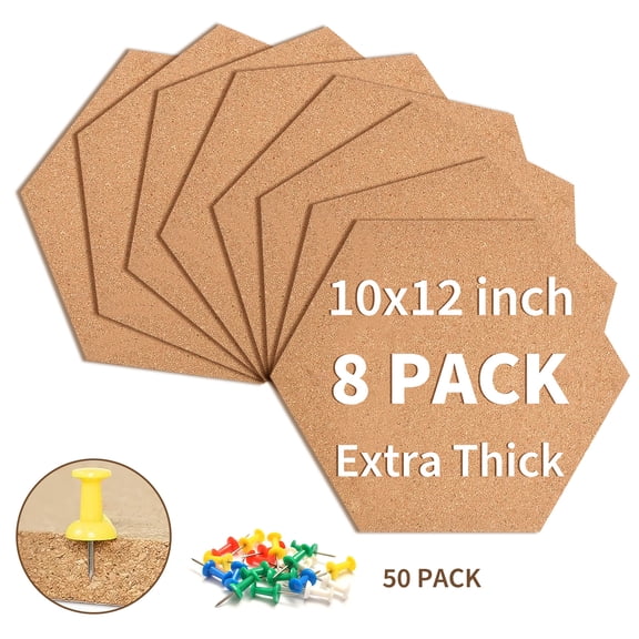 LERENSHA 8 Pack Cork Board Tiles 12 x 12 x 0.5 Inch, Self Adhesive Cork Boards Hexagon, Bulletin Board Wall Tiles with Push Pins for Office, Home, DIY Wall Decor
