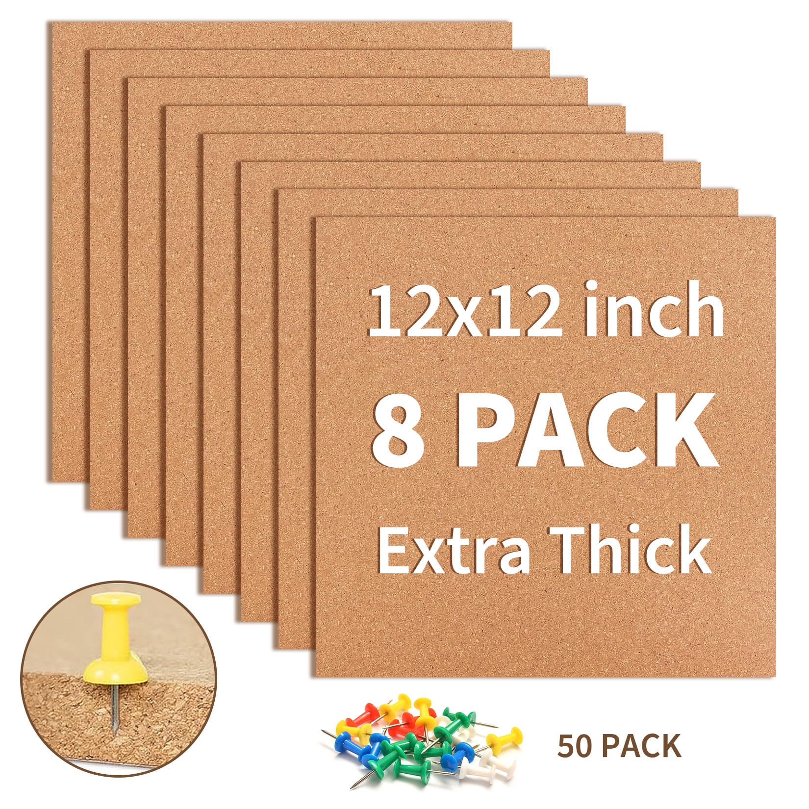 LERENSHA 8 Pack Cork Board Tiles 12 x 12 x 0.5 Inch, Self Adhesive Cork Boards Square, Bulletin Board Wall Tiles with Push Pins for Office, Home, DIY Wall Decor