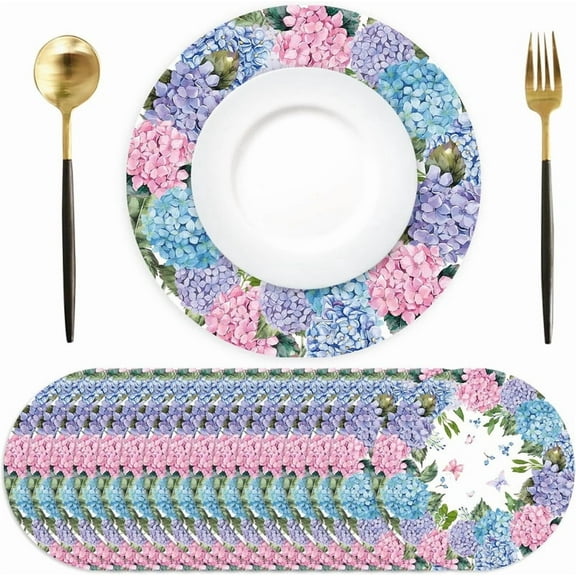 LERPBKM Disposable 50 pack Hydrangea Placemats 13.7 inch Place Mats Round Table Mats Spring Summer Table Mats for Birthday Wedding Party Supplies.