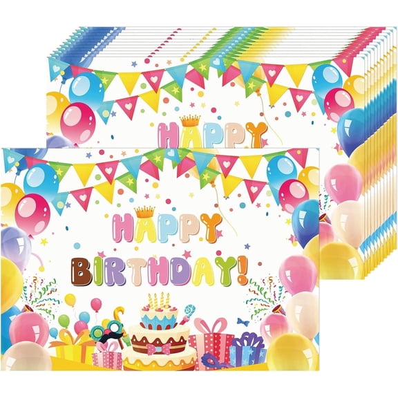 LERPBKM Paper Placemats Disposable 50 Pack Happy Birthday Placemats 16x 11 Inch Colored Flags Balloons Cake Place Mats for Home Party Kitchen Dining Table Decorations