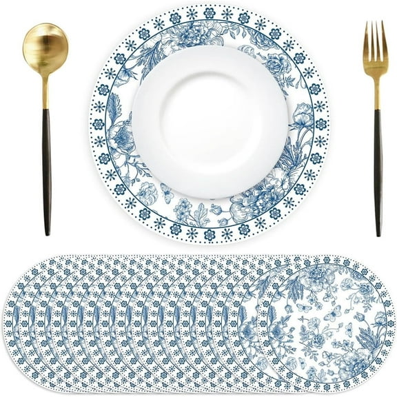 LERPBKM Paper Placemats Disposable 50 pack Blue Floral Place Mats 13.7 inch Chinoiserie Round Table Mats for Dinner Table Setting Birthday Wedding Party Supplies。