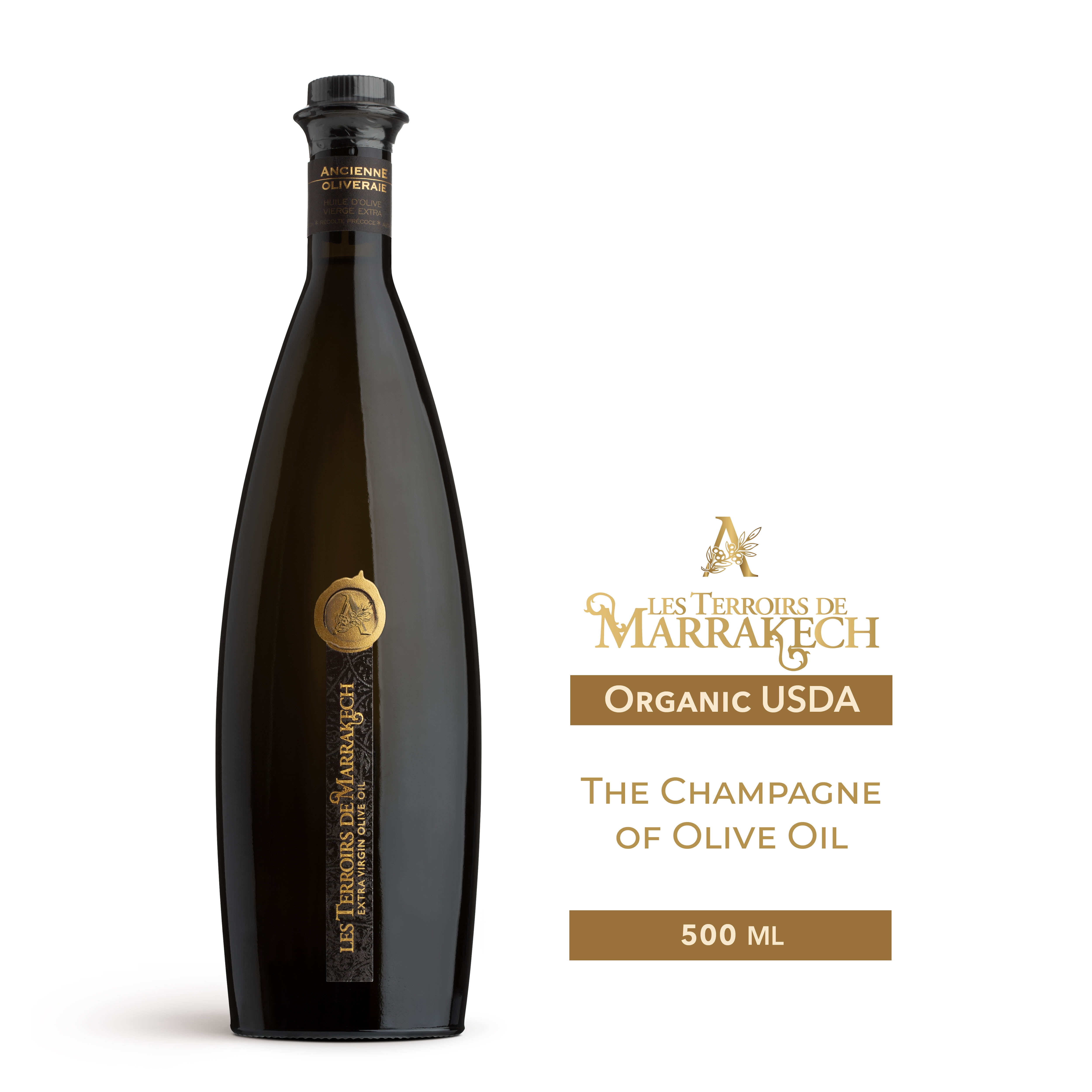 LES TERROIRS DE MARRAKECH Moroccan Organic Extra Virgin Olive Oil, Polyphenol Rich, Cold Pressed from Bicentenary olive trees, Most Awarded, Trusted by Michelin Star Chefs, 17 Fl Oz Glass Bottle