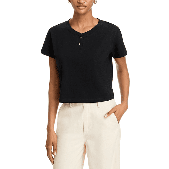 LESET Women Black Cotton Stretch Margo Short Sleeve Crop Henley Tee Size XS