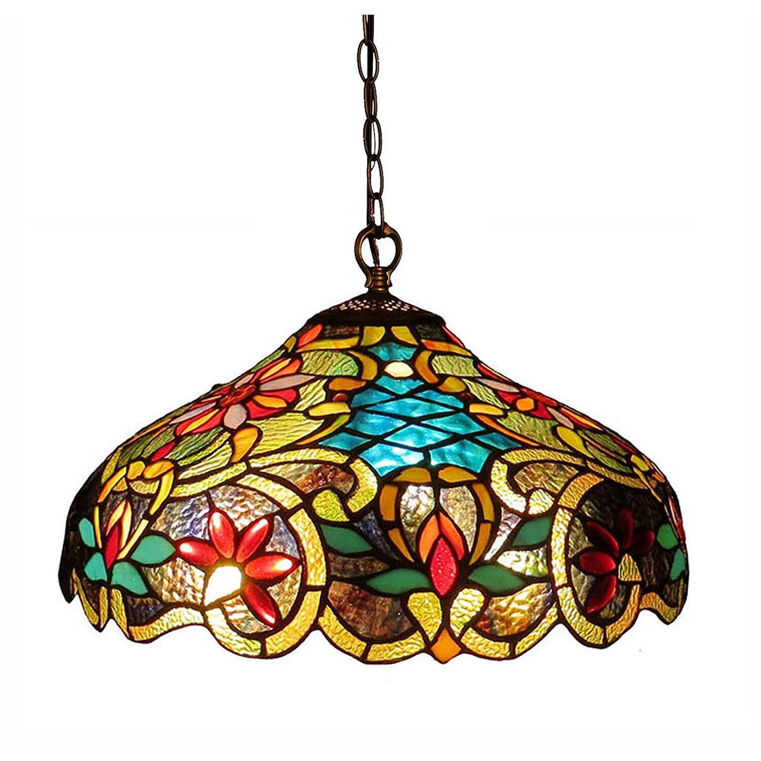 Victorian Tiffany-Style Bronze Pendant Lamp with Stained Glass Shade