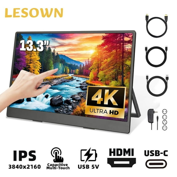 LESOWN 13.3 inch 4K IPS Secondary Monitor 3840x2160 Touch Widescreen USB C HDMI Built-in Stand Laptop Portable Display for Drawing Gaming
